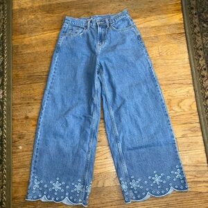 Old Navy Hi-Rise Baggy Wide Leg Jeans Sz 0 Embroidery Cut-Out Scalloped Hem Y2K